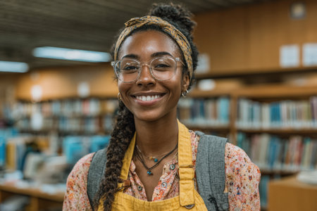 Smiling female librarian with glasses stands in a library, surrounded by bookshelves filled with colorful books, creating an inviting atmosphere for readersの素材