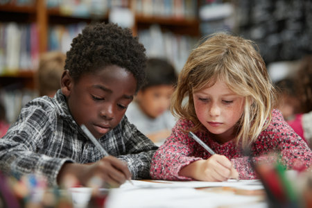 Two children, an African American boy and a Caucasian girl, are focused on drawing at a library table, with vibrant art supplies and books creating an inspiring atmosphereの素材
