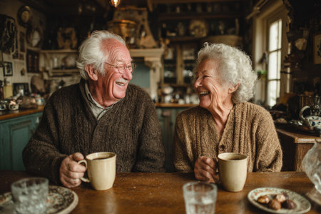 Senior couple sharing joyful moments at a rustic table, enjoying warm drinks, surrounded by vintage decor, creating a warm and inviting atmosphereの素材