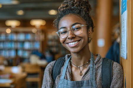 Smiling female student with glasses stands in a library, surrounded by bookshelves, radiating positivity and enthusiasm for knowledge and community connectionの素材