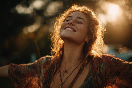 Joyful young woman with curly hair, smiling in a sunlit outdoor environment, wearing a colorful bohemian outfit, embodying happiness and connection with natureの素材