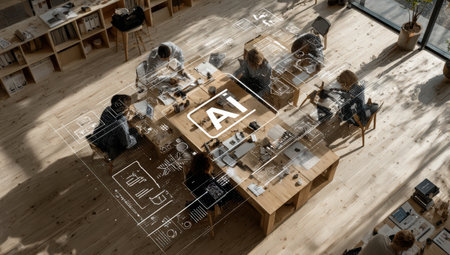 Diverse team members engaged in collaborative work at a wooden table, with digital AI graphics enhancing the atmosphere of creativity and innovation in a contemporary officeの素材