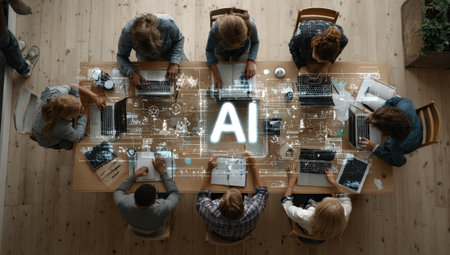 Diverse team members engaged in discussion around a wooden table with laptops, exploring artificial intelligence concepts, surrounded by digital graphics and technology elementsの素材