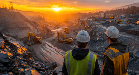 Construction workers in reflective vests watch a mining site during sunset, with excavators and rugged terrain creating a dramatic industrial sceneの素材