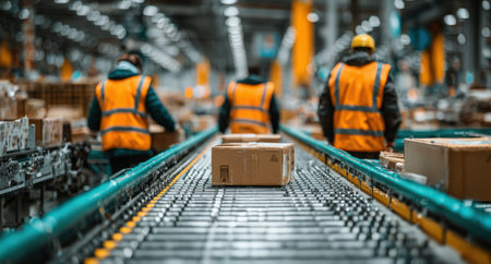 Workers in bright safety vests sort packages on conveyor belt in a busy warehouse, with stacks of boxes creating a dynamic logistics atmosphereの素材