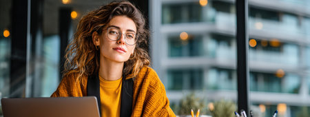 Female professional with glasses is focused on her laptop in a contemporary office, featuring plants and soft lighting, creating an inviting atmosphere for productivityの素材