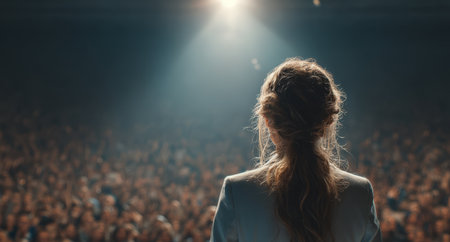 Female speaker with long hair stands confidently on stage, illuminated by bright spotlight, engaging a large audience in a motivational atmosphere filled with energyの素材