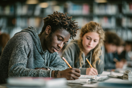 Male student engaged in note-taking in library, with female peer beside him, surrounded by books and fellow students, illustrating academic focus and teamworkの素材