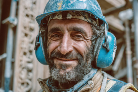 Smiling male construction worker with hard hat and ear protection, exuding confidence at a construction site, highlighting commitment to safety and craftsmanshipの素材