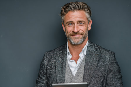 Confident mature man with a beard, dressed in a gray blazer, is holding a tablet and smiling against a dark backdrop, exuding professionalism and approachabilityの素材