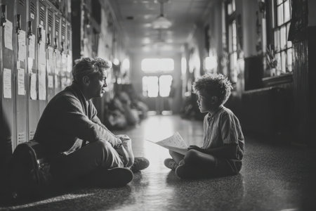 Young African American boy and adult man sit on school hallway floor, discussing important topics, with lockers in the background, fostering a nurturing learning environmentの素材
