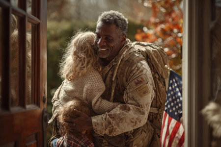 Military man warmly greets children at home, embracing them with joy, symbolizing love and family connection in a heartfelt reunion sceneの素材