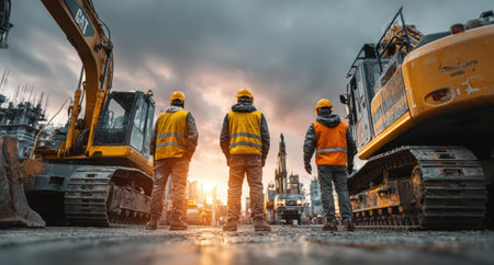 Three construction workers in safety gear are observing the site, surrounded by heavy machinery and a stunning sunset, emphasizing collaboration and the construction environmentの素材