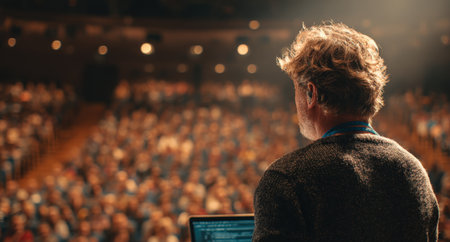 Male presenter with curly hair addresses a captivated audience from the stage, using a laptop to enhance the engaging atmosphere of the conference settingの素材