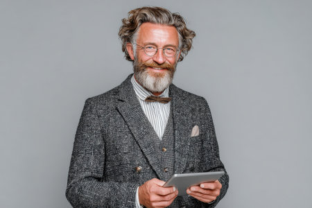 Elderly gentleman with gray hair and beard, dressed in a fashionable suit, is holding a tablet and smiling, embodying a blend of tradition and modernityの素材
