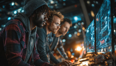 Focused African American man and two colleagues are engaged with computer screens in a high-tech environment, illustrating collaboration and innovation in digital technologyの素材