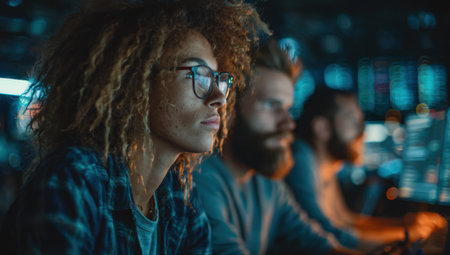 Female tech professional with curly hair and glasses is engaged in work at computer, surrounded by colleagues in a high-tech workspace with screens and equipmentの素材