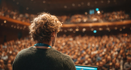 Male presenter with curly hair speaks to an attentive audience in a theater, highlighting the atmosphere of engagement and connection in public speakingの素材