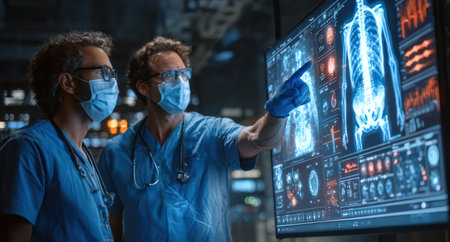Male healthcare workers in scrubs and masks are examining digital x-ray images on a screen, highlighting collaboration and innovation in a modern medical settingの素材
