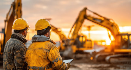 Construction workers in hard hats are monitoring machinery at a construction site during sunset, highlighting teamwork and the industrial atmosphere of the projectの素材