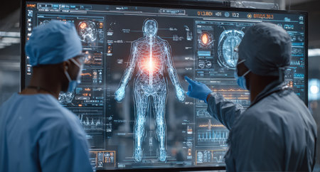 Two healthcare specialists are examining a holographic representation of human anatomy, highlighting vital signs and health metrics, demonstrating innovation in medical technologyの素材