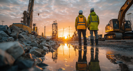 Construction workers in bright safety jackets stand near a puddle at a construction site, with heavy machinery and a vibrant sunset creating a dynamic industrial atmosphereの素材