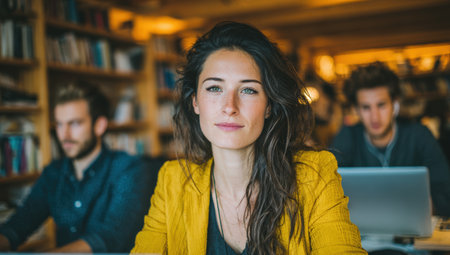 Female professional with dark hair in yellow blazer is engaged in work at a library, with bookshelves and other individuals in the background creating a vibrant environmentの素材