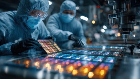 Technicians in cleanroom suits are examining semiconductor wafers under bright lights, highlighting intricate designs and advanced technology in a sterile laboratory settingの素材