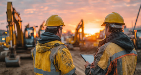 Construction workers in safety gear, monitoring heavy machinery at a construction site during sunset, emphasizing collaboration and the essence of the construction industryの素材