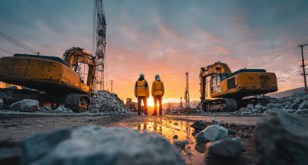 Construction workers in yellow jackets observe the sunset at a gravel site, surrounded by excavators and machinery, capturing the essence of teamwork and industryの素材