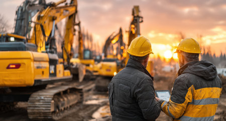 Construction workers in hard hats are reviewing plans at a site with heavy machinery and excavators, showcasing teamwork and dedication in a dynamic environmentの素材