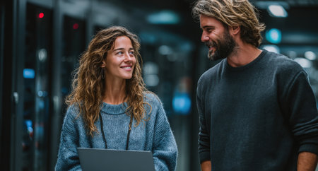 Woman with curly hair holds laptop while smiling at man in a modern office corridor, highlighting teamwork and collaboration in a professional settingの素材