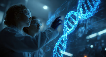 Two female scientists in lab coats are analyzing a luminous DNA model on a digital screen, highlighting cutting-edge research and collaboration in a high-tech lab settingの素材