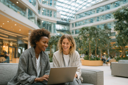 Women collaborating on laptop in a stylish indoor environment, featuring lush plants and sleek design elements, emphasizing innovation and partnershipの素材