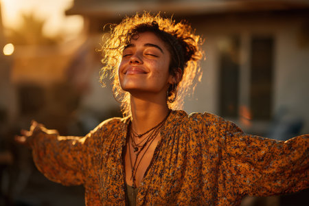 Female with curly hair, wearing floral blouse, stands outdoors with arms open, basking in sunlight, conveying happiness and tranquility in a natural settingの素材