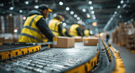 Workers in safety vests are actively sorting packages on a conveyor belt in a bustling warehouse, highlighting collaboration and productivity in logisticsの素材