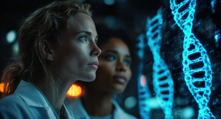 Two female researchers are intently studying holographic DNA strands in a high-tech lab, highlighting the intersection of science and technology in genetic researchの素材