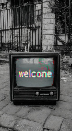 Retro television shows the word welcome in glitchy text, positioned on cobblestones, with an urban backdrop that evokes nostalgia and a unique atmosphereの素材