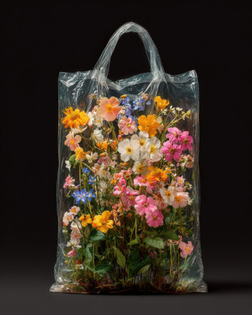 Vibrant flowers in a clear plastic bag, highlighting their colors and textures, representing nature's beauty and the importance of eco-friendly practicesの素材