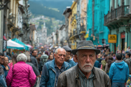 Senior man with gray beard and hat is walking through a bustling street market, surrounded by colorful buildings and diverse crowd, showcasing urban culture and communityの素材
