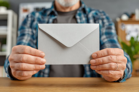 Elderly man with gray hair is holding gray envelope at wooden table, surrounded by a warm workspace, symbolizing communication and personal connectionの素材