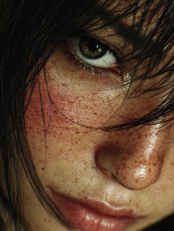 Young woman with freckles and dark hair, gazing intensely at the camera, highlighting her unique features and natural beauty, creating an emotional connection with viewersの素材