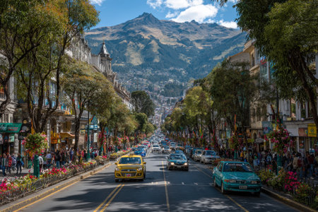 Urban street filled with vehicles and pedestrians, adorned with colorful flowers along the roadside, set against a backdrop of stunning mountains and clear blue skiesの素材
