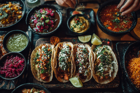Traditional tacos displayed on wooden platter, surrounded by vibrant salsas, fresh lime, and garnishes, showcasing rich flavors and textures in a festive settingの素材