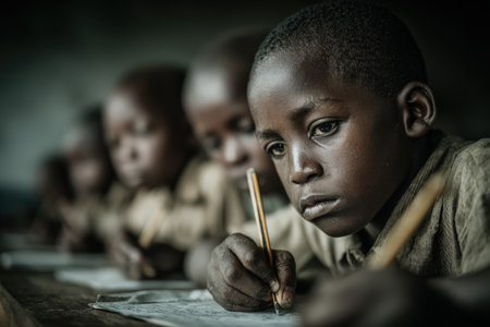 Young African boy is deeply focused on writing with a pencil in a classroom, surrounded by classmates, highlighting the significance of education and learning environmentsの素材