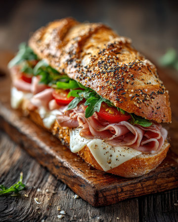 Delicious sandwich featuring ham, cheese, tomatoes, and fresh greens on a wooden board, highlighting vibrant colors and textures in a rustic settingの素材