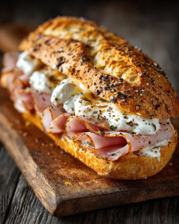 Delicious sandwich featuring layers of ham and creamy cheese, garnished with herbs, presented on a rustic wooden board, highlighting culinary artistry and textureの素材