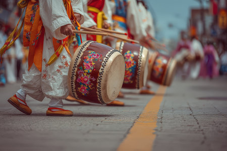 Traditional dancers in colorful attire are playing large drums during a cultural festival, creating a vibrant atmosphere filled with rhythm and energyの素材