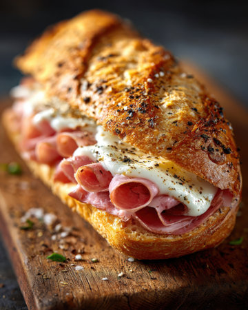 Delicious sandwich with layers of ham and egg on crusty bread, garnished with herbs and spices, showcasing appetizing textures and vibrant colors for food loversの素材