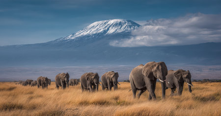 Group of elephants traversing vast grasslands with a stunning snow-covered mountain backdrop, highlighting the harmony of nature and wildlife in their environmentの素材